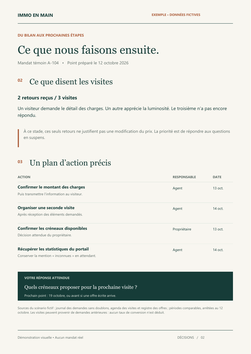 Page 2 du rapport fictif : retours des visiteurs, actions, responsables et échéances